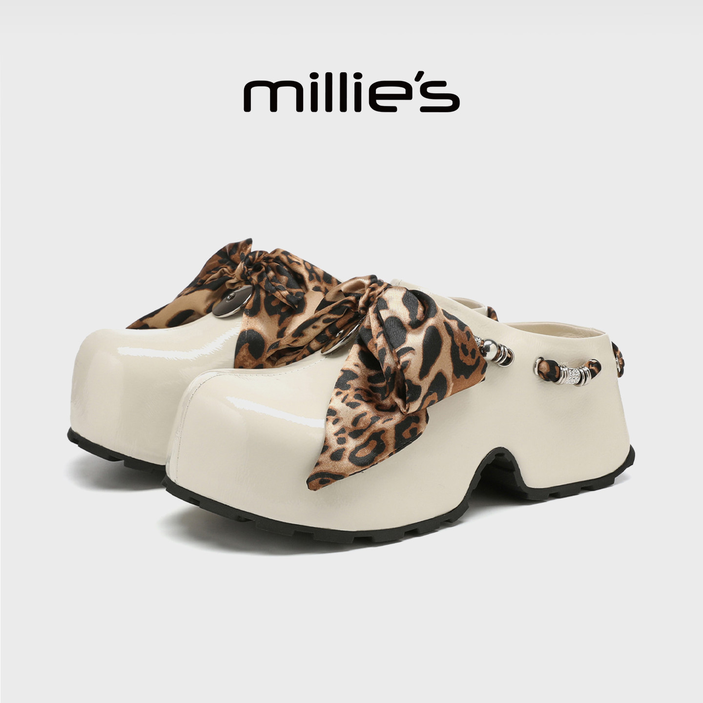 MILLIE'S/妙丽厚底包头半拖鞋女款增高穆勒鞋豹外穿一脚蹬勃肯鞋