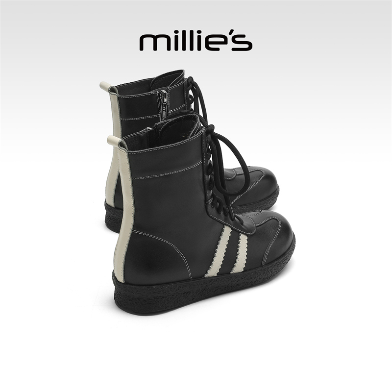 MILLIE'S/妙丽官方旗舰店女鞋舒服靴子真皮内增高瘦瘦短靴德训鞋
