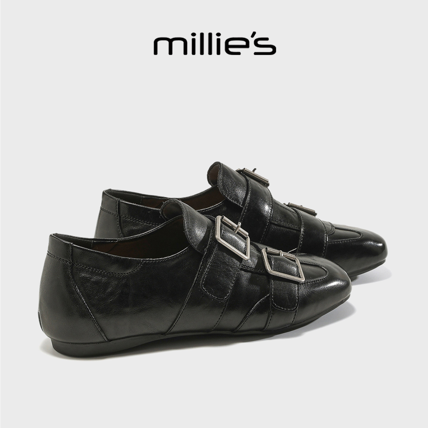 MILLIE'S/妙丽老钱风黑色皮带扣乐福鞋女英伦真皮平底软底小皮鞋