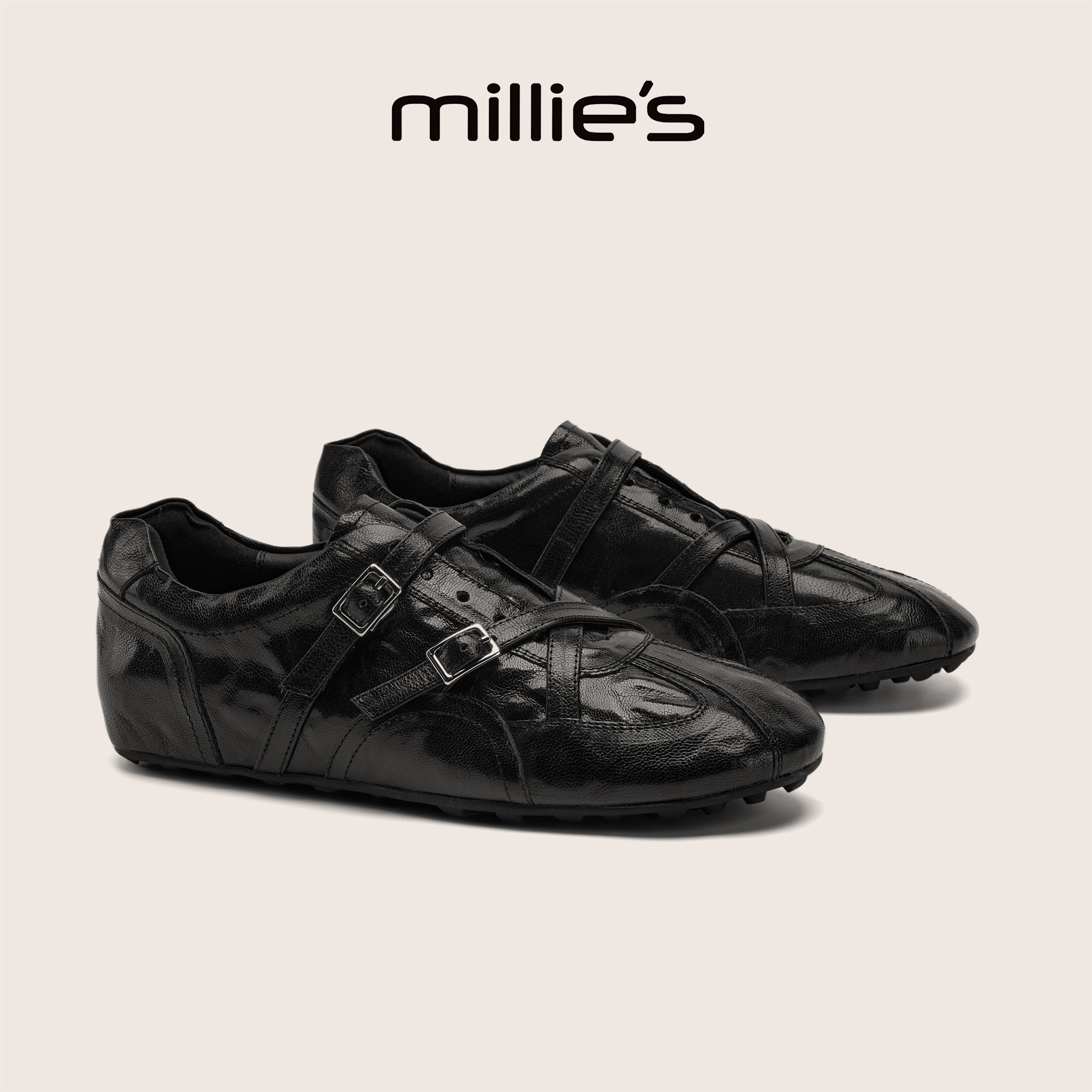 MILLIE'S/妙丽官方旗舰店褶皱鞋面橡胶底德训鞋女秋季系带运动鞋C