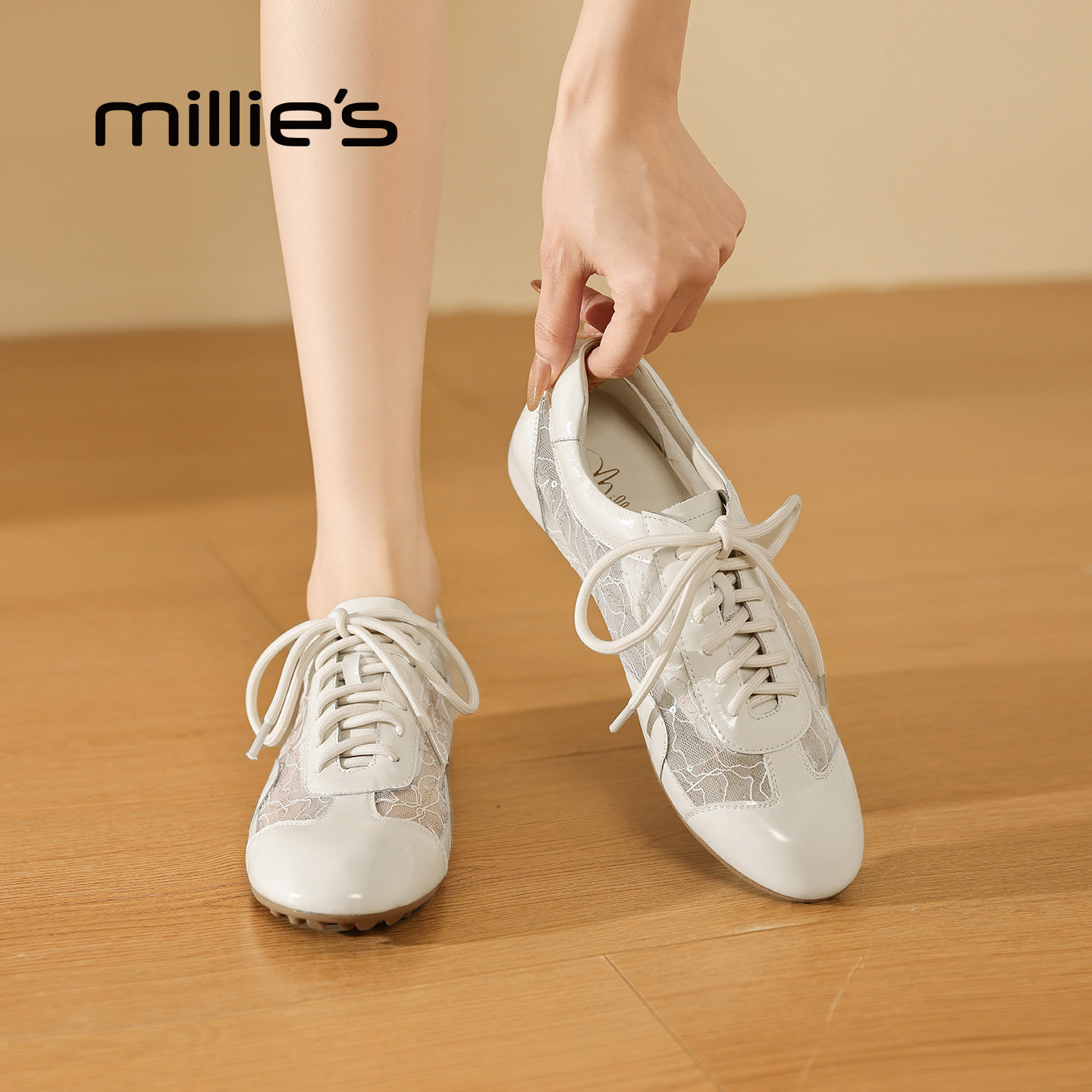 MILLIE'S/妙丽复古德训鞋女透气白色休闲鞋内增高百搭平底运动鞋