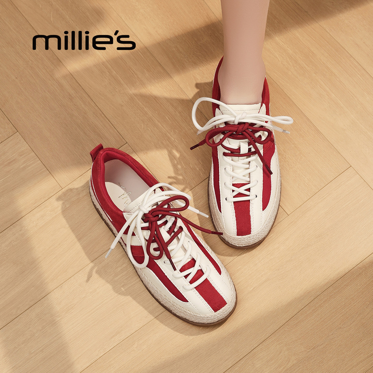 MILLIE'S/妙丽复古德训鞋女春季新款红色系带软底休闲运动鞋平底,女鞋,德训鞋,淘宝优惠券,粉丝福利购,淘宝优惠卷