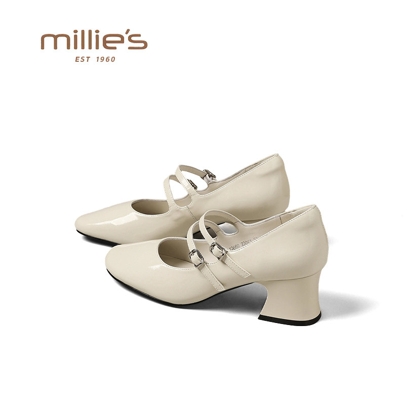 MILLIE'S/妙丽双扣带粗跟玛丽珍鞋女款米白漆皮浅口单鞋春夏新款