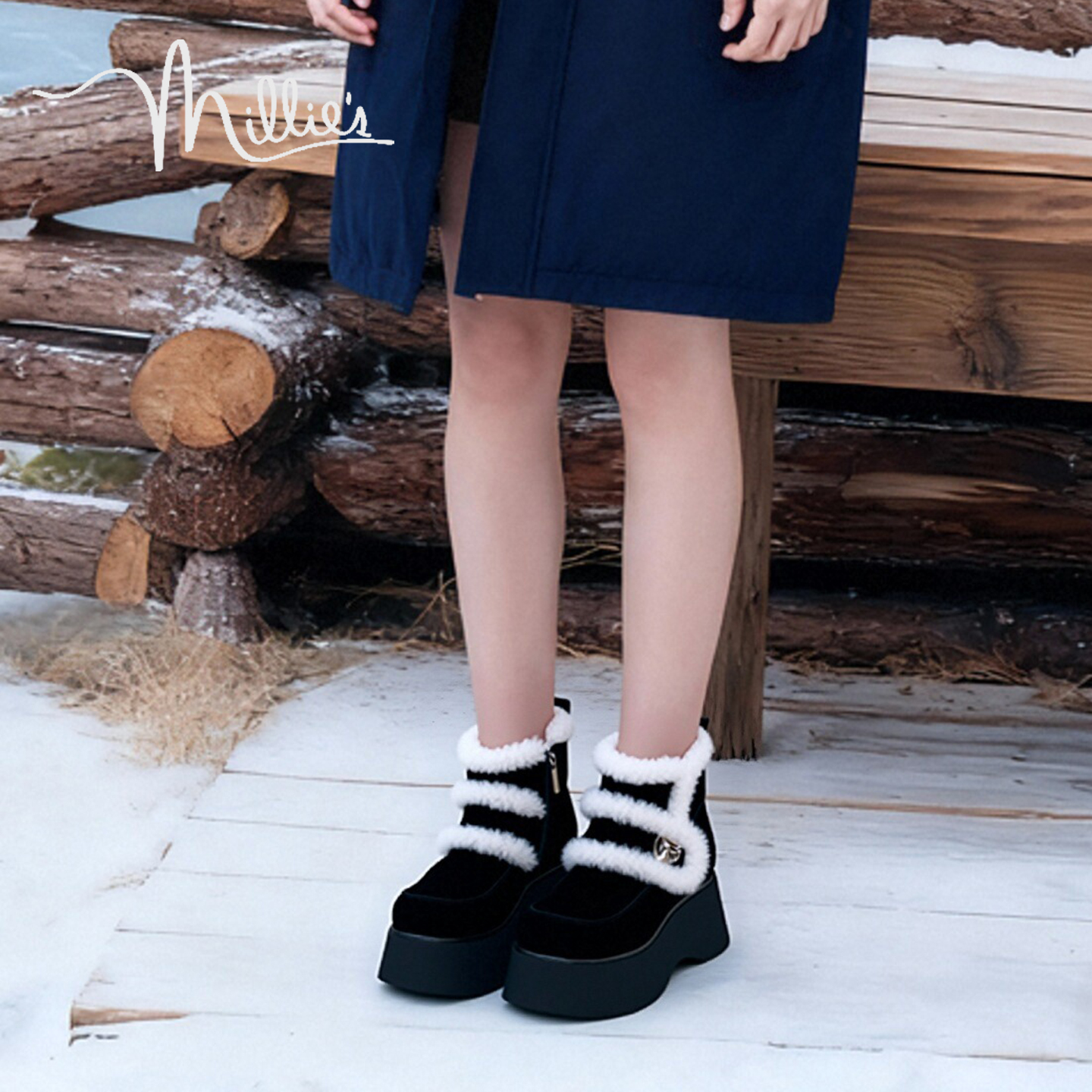 millies妙丽加绒保暖雪地靴女款冬季厚底增高短靴毛绒增高马丁靴