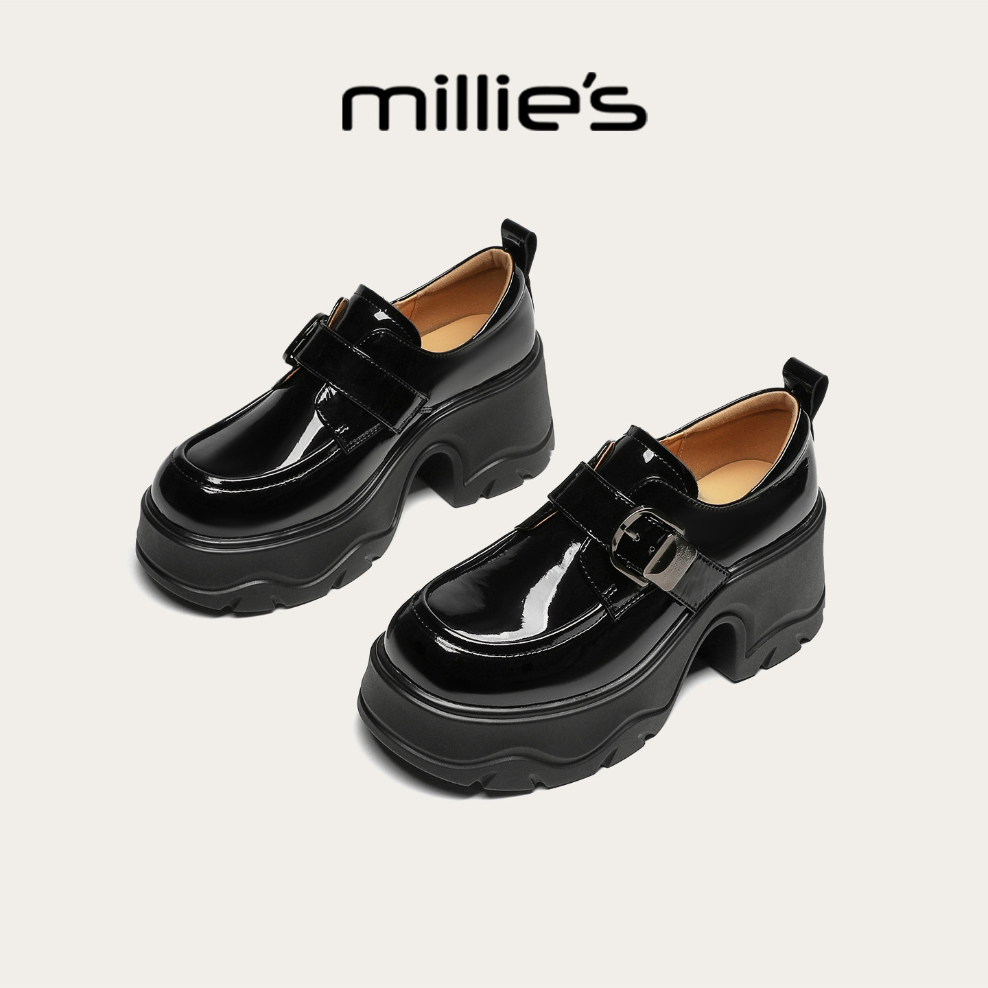 MILLIE'S/妙丽英伦乐福鞋女2026春季新款一脚蹬高跟单鞋女士皮鞋