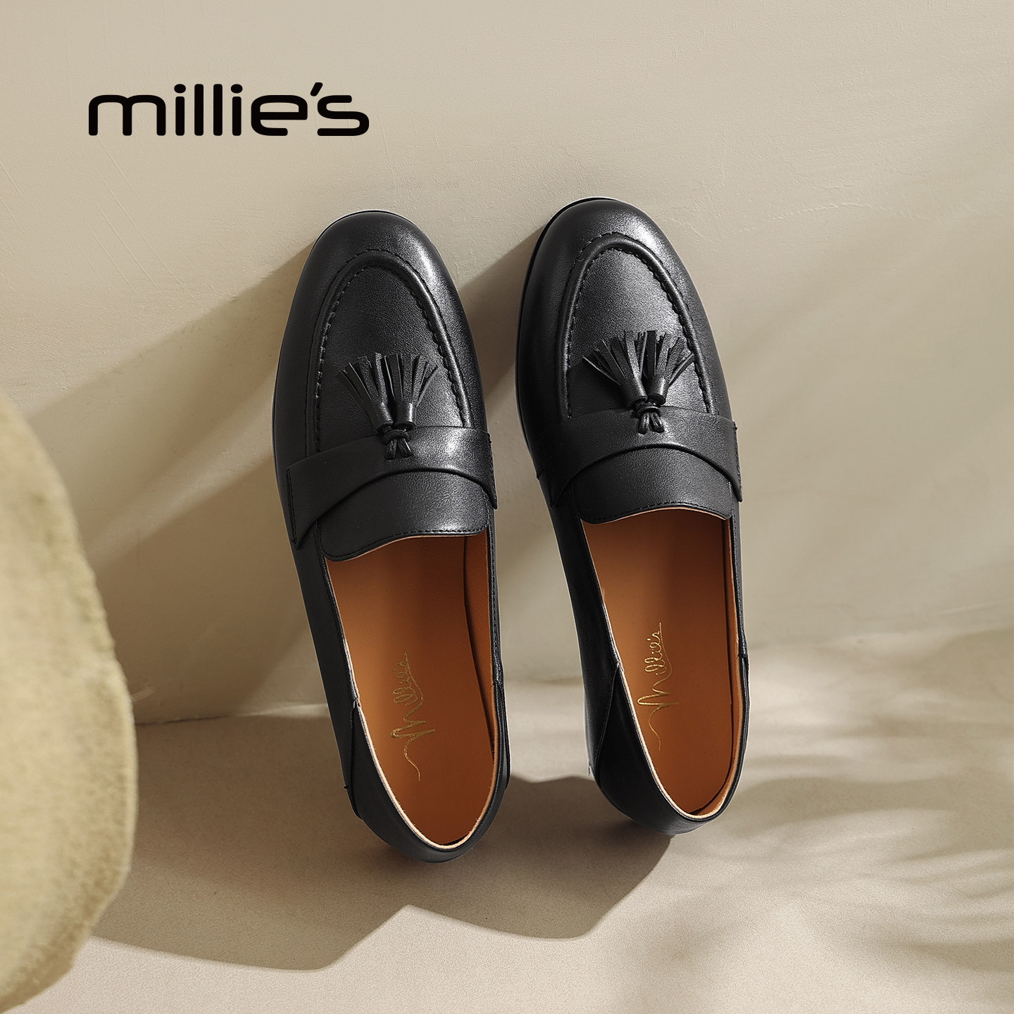 MILLIE'S/妙丽老钱风真皮乐福鞋女黑色流苏一脚蹬平底单鞋豆豆鞋