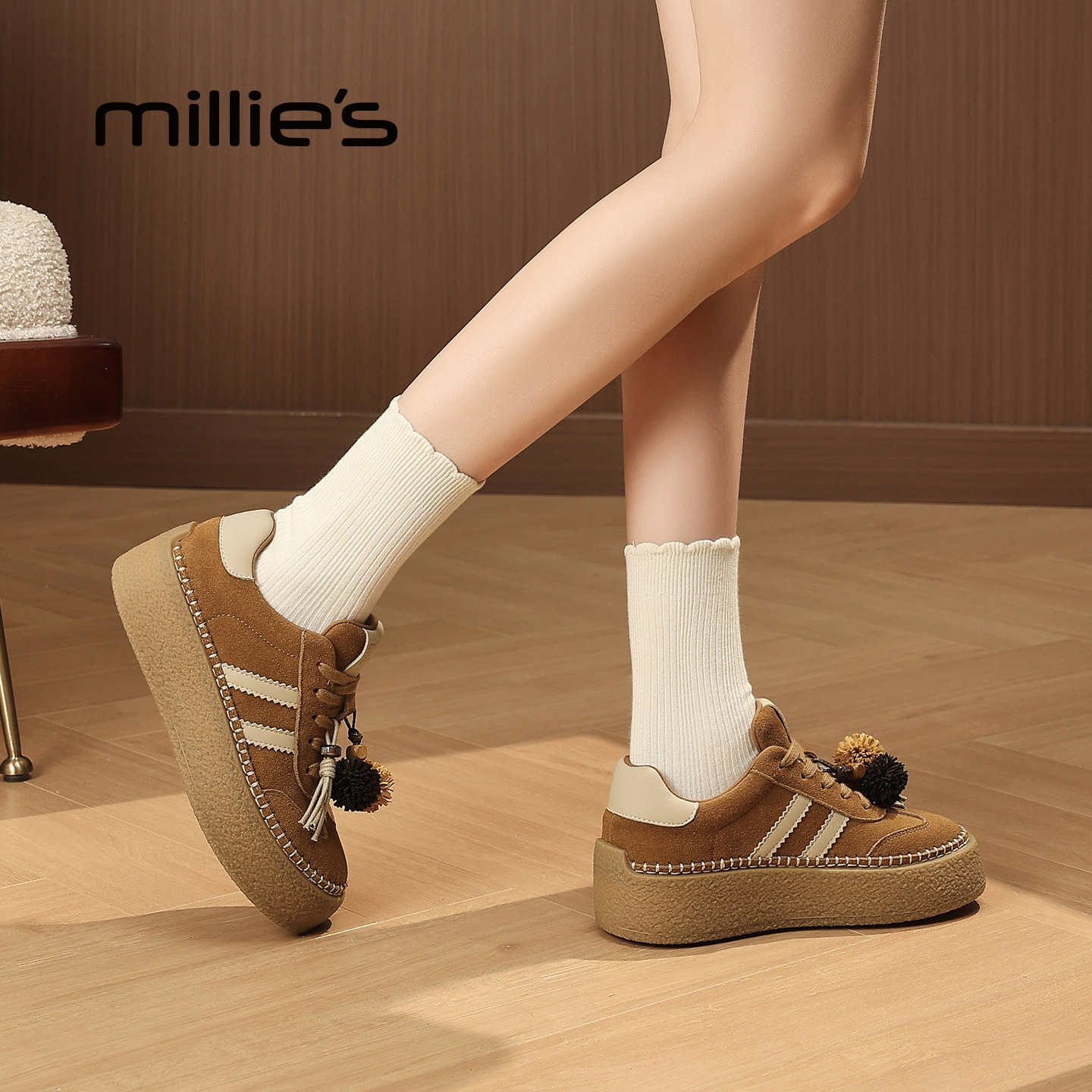 MILLIE'S/妙丽休闲板鞋女2026春季新款厚底复古德训鞋时尚运动鞋,女鞋,休闲板鞋,淘宝优惠券,粉丝福利购,淘宝优惠卷