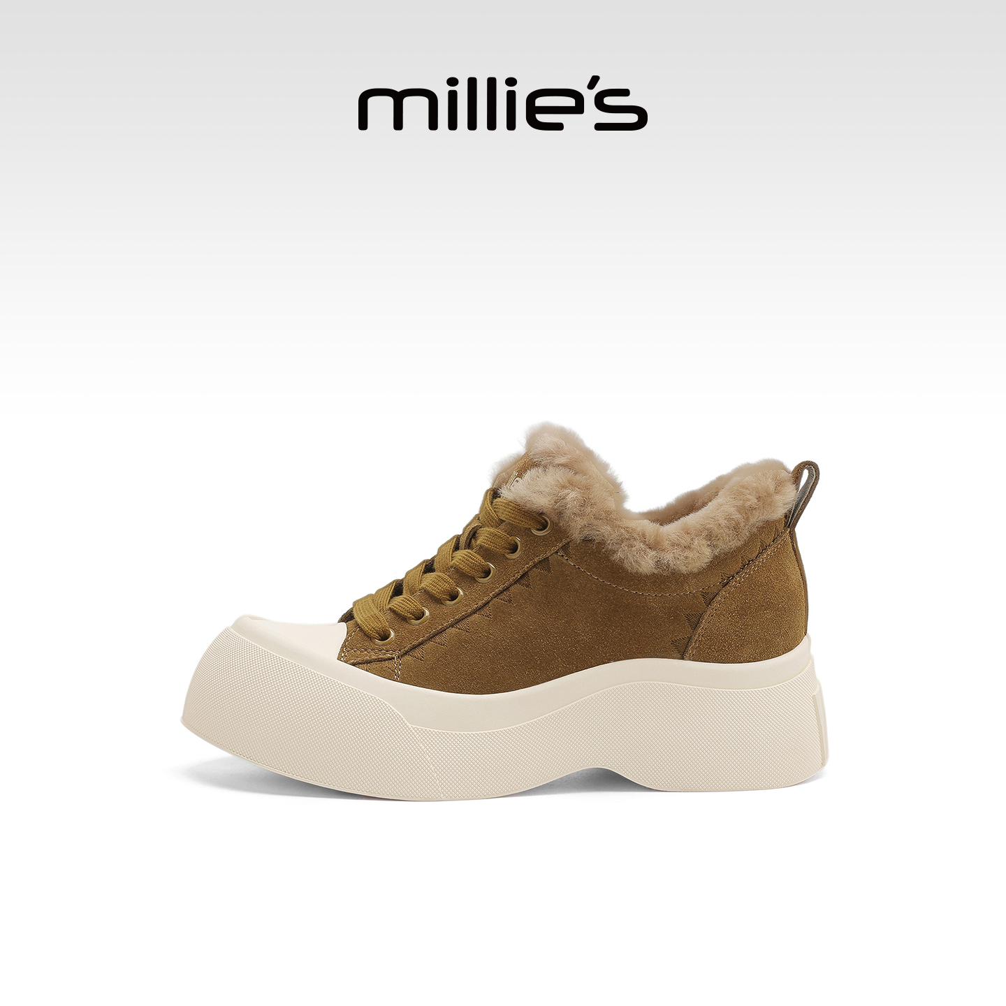 MILLIE'S/妙丽厚底加绒棉鞋女秋冬新款保暖增高毛毛鞋时尚不累脚