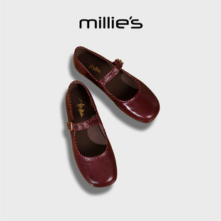 MILLIE'S/妙丽法式复古玛丽珍鞋女酒红色圆头一字带平底浅口单鞋