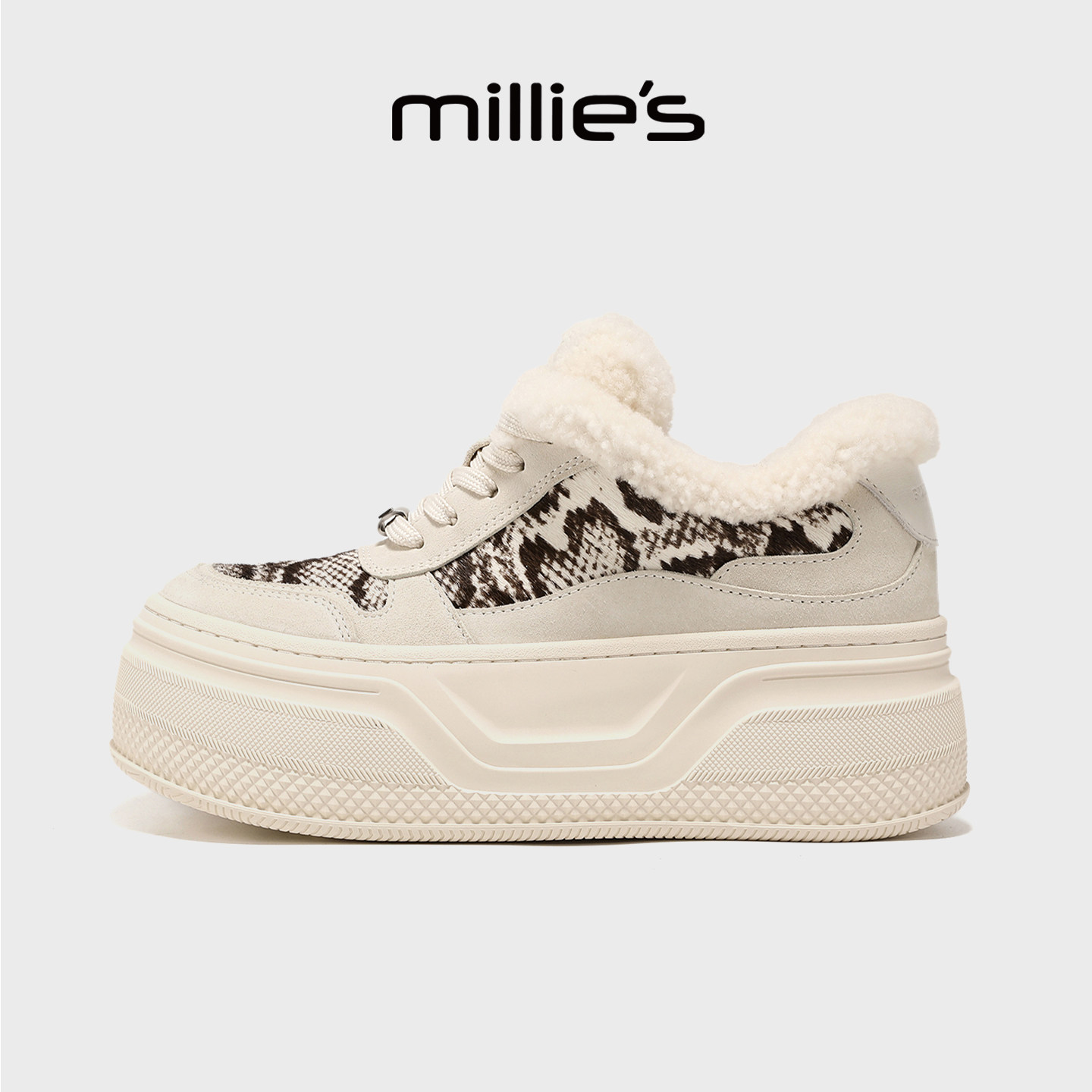 MILLIE'S/妙丽厚底小白鞋女新款冬季加绒保暖松糕板鞋百搭休闲鞋
