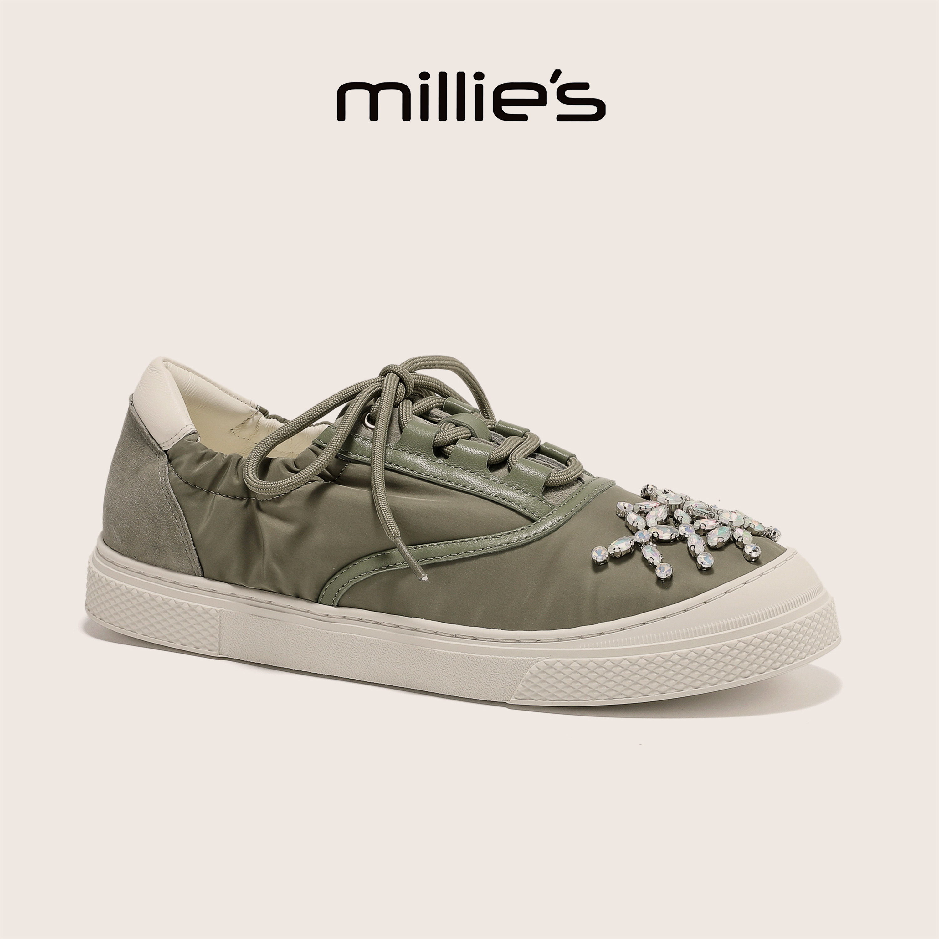MILLIE'S/妙丽官方旗舰店水钻绑带休闲板鞋女秋季橡胶底深口单鞋C