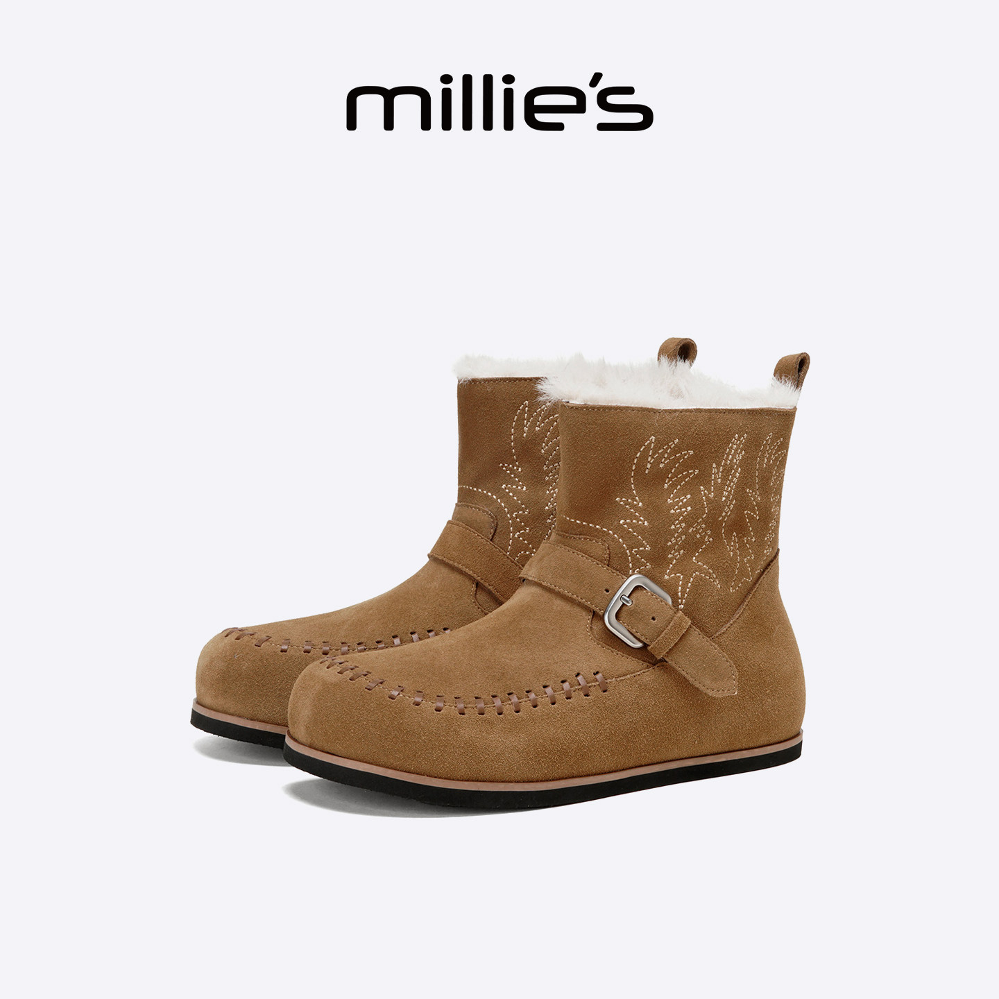 MILLIE'S/妙丽女鞋冬季新款保暖短筒配裙子的靴子加绒百搭马丁靴