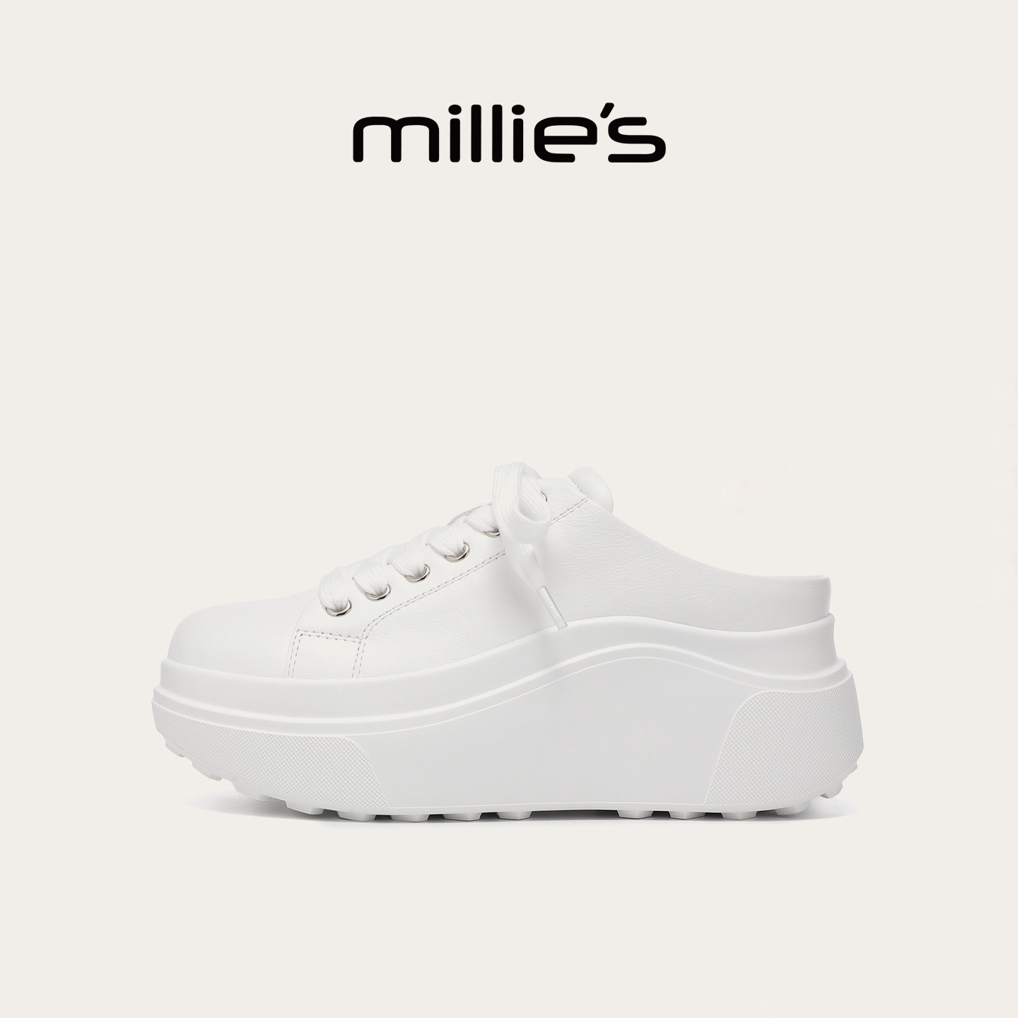 MILLIE'S/妙丽真皮拖鞋女2026春季新款白色厚底懒人鞋休闲包头拖