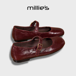 MILLIE'S/妙丽法式复古玛丽珍鞋女新款酒红色圆头一字带平底单鞋