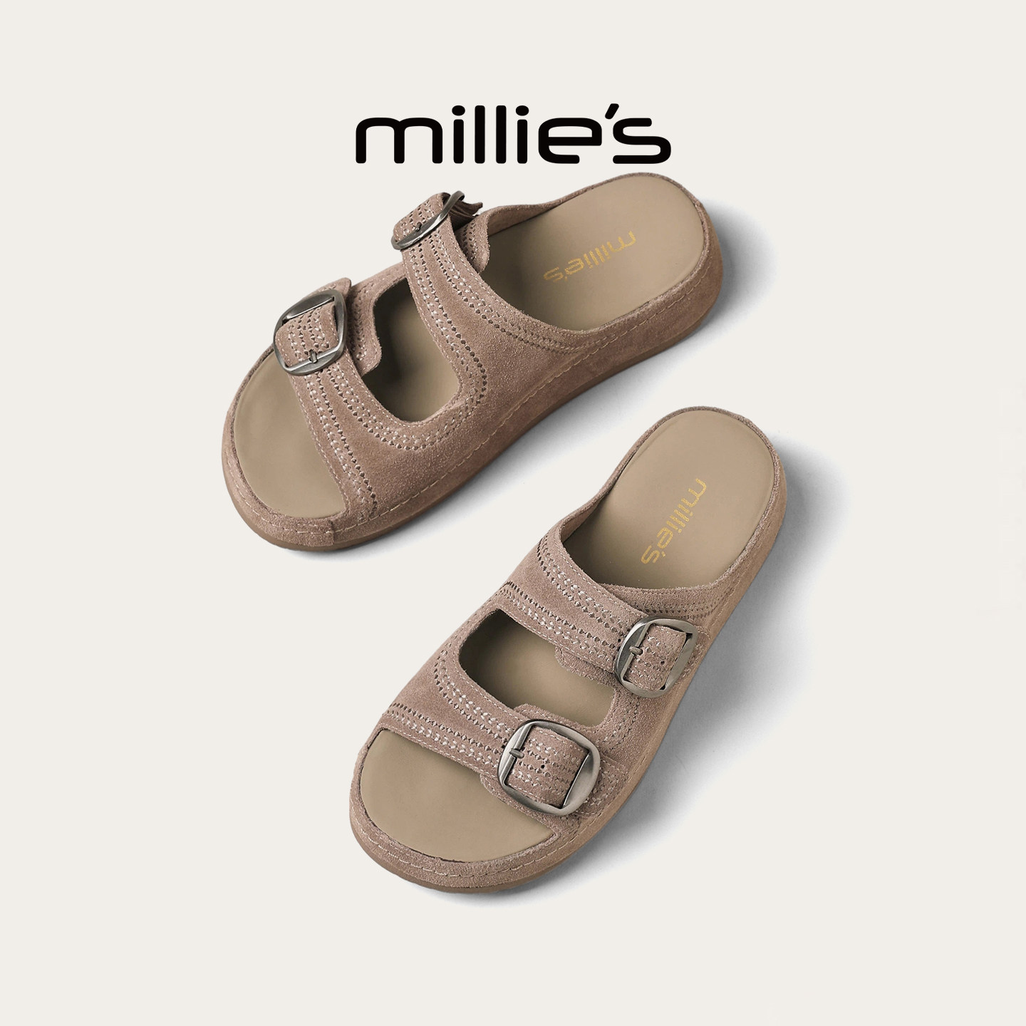 MILLIE'S/妙丽真皮勃肯鞋女2026年夏季新款厚底一字拖鞋增高凉拖