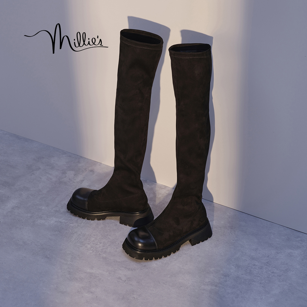 MILLIE'S/妙丽女鞋2025秋冬长筒牛皮简约粗跟铅笔靴女长靴弹力靴