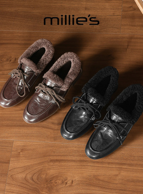 MILLIE'S/妙丽加绒乐福鞋女2025新款冬季保暖棉鞋女英伦风小皮鞋