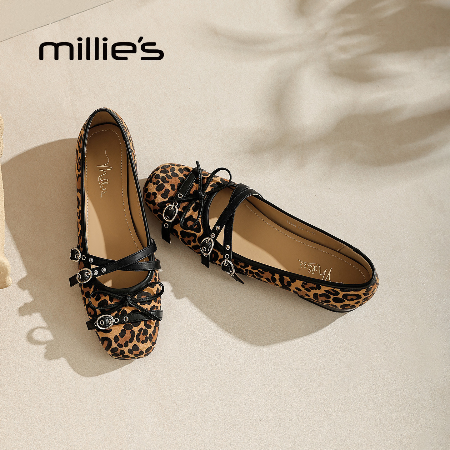 MILLIE'S/妙丽法式复古风豹纹玛丽珍鞋女平底绑带百搭浅口单鞋,女鞋,浅口单鞋,淘宝优惠券,粉丝福利购,淘宝优惠卷