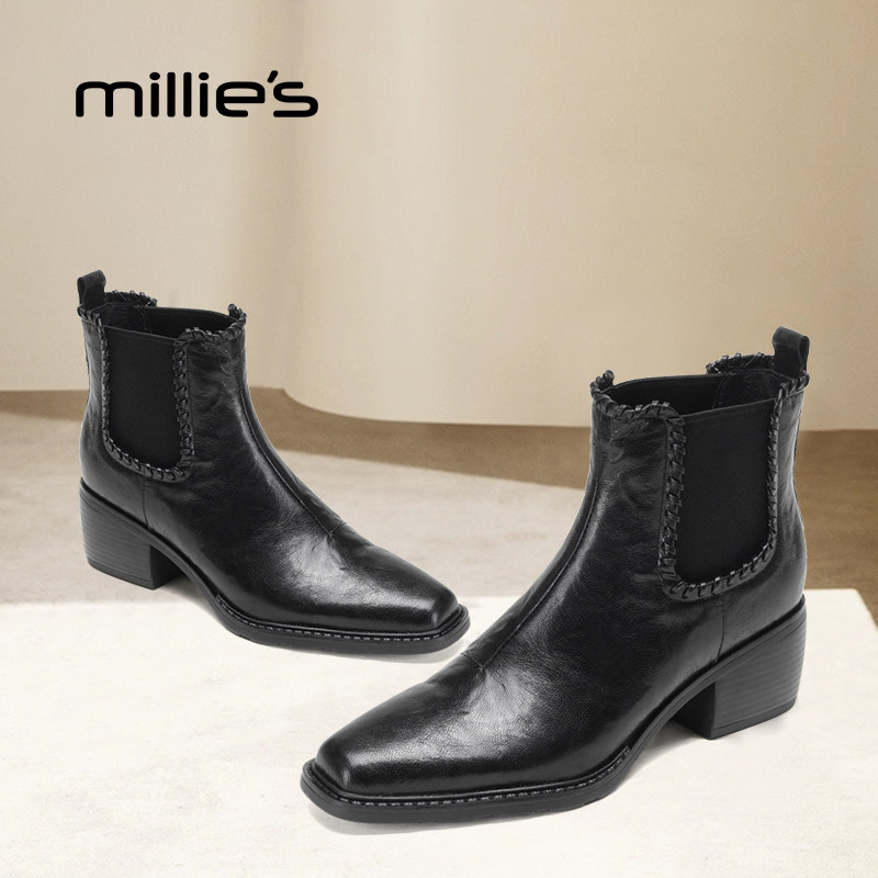 MILLIE'S/妙丽官方旗舰店2026秋新款女鞋黑色真皮粗跟配裙子短靴,女鞋,时装靴,淘宝优惠券,粉丝福利购,淘宝优惠卷
