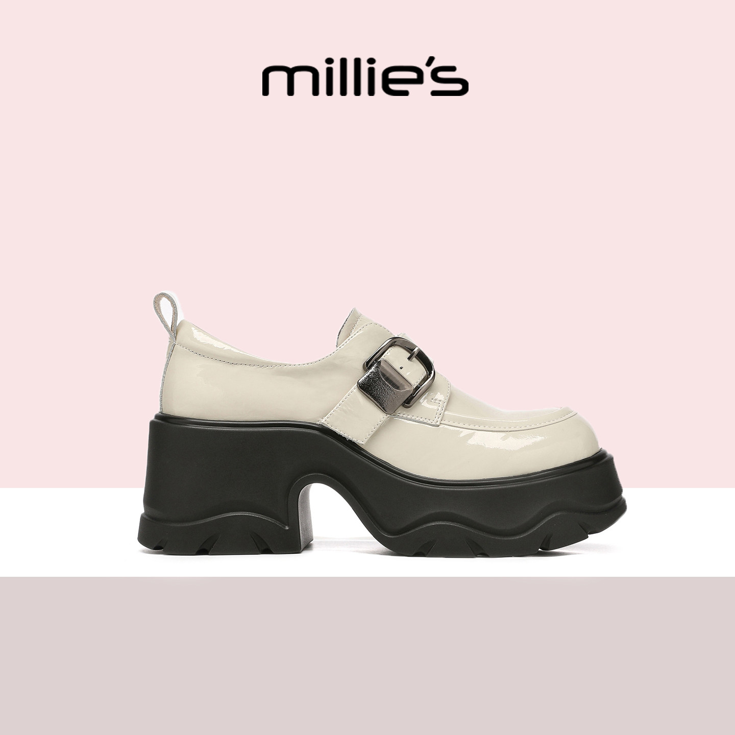MILLIE'S/妙丽厚底乐福鞋女2026新款春季白色增高羊皮英伦风单鞋