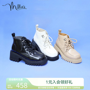 s妙丽冬新款 millie 牛皮四叶草铆钉马丁靴方跟女短靴65355DD2