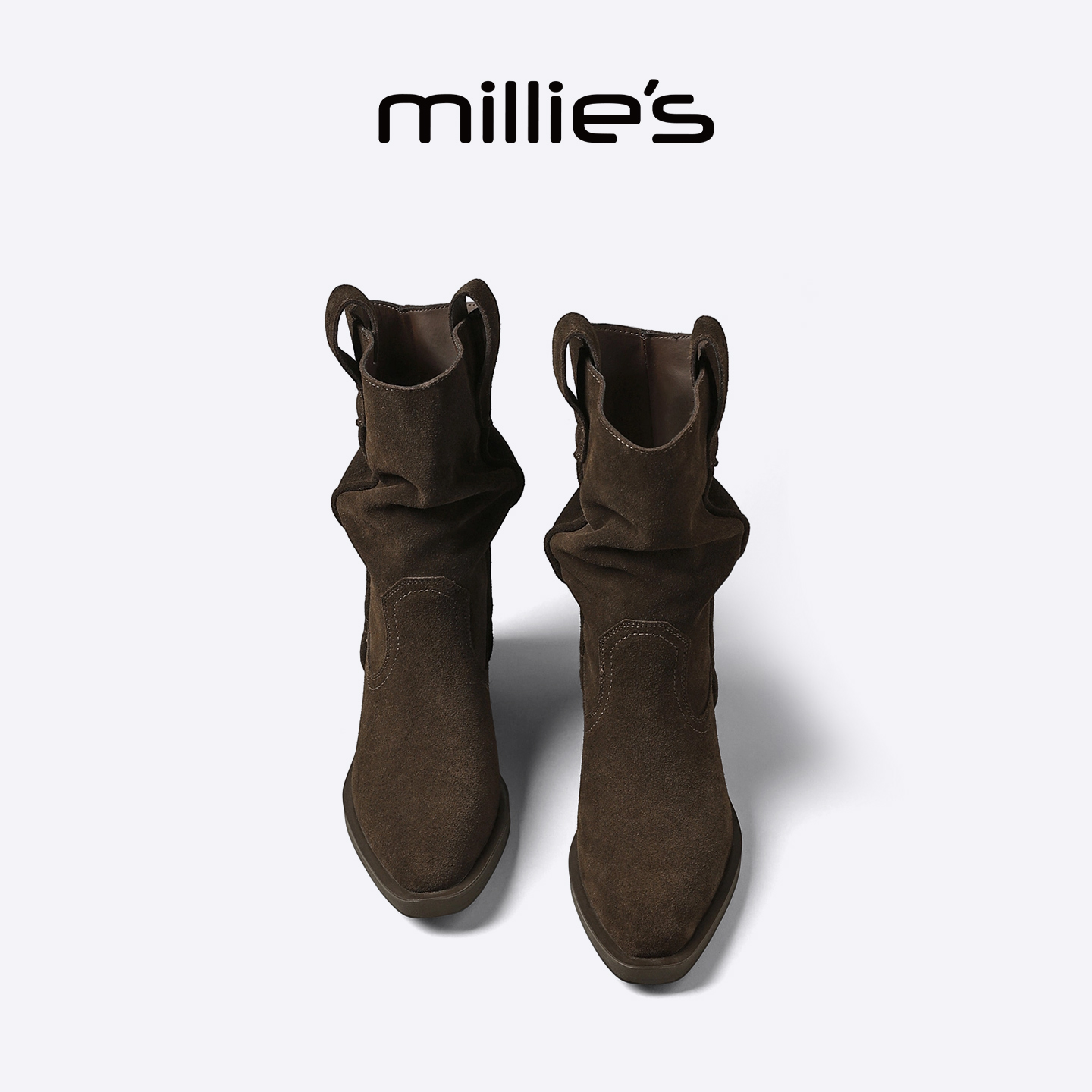 MILLIE'S/妙丽复古西部堆堆靴绒面百搭保暖短筒靴美拉德风靴子女