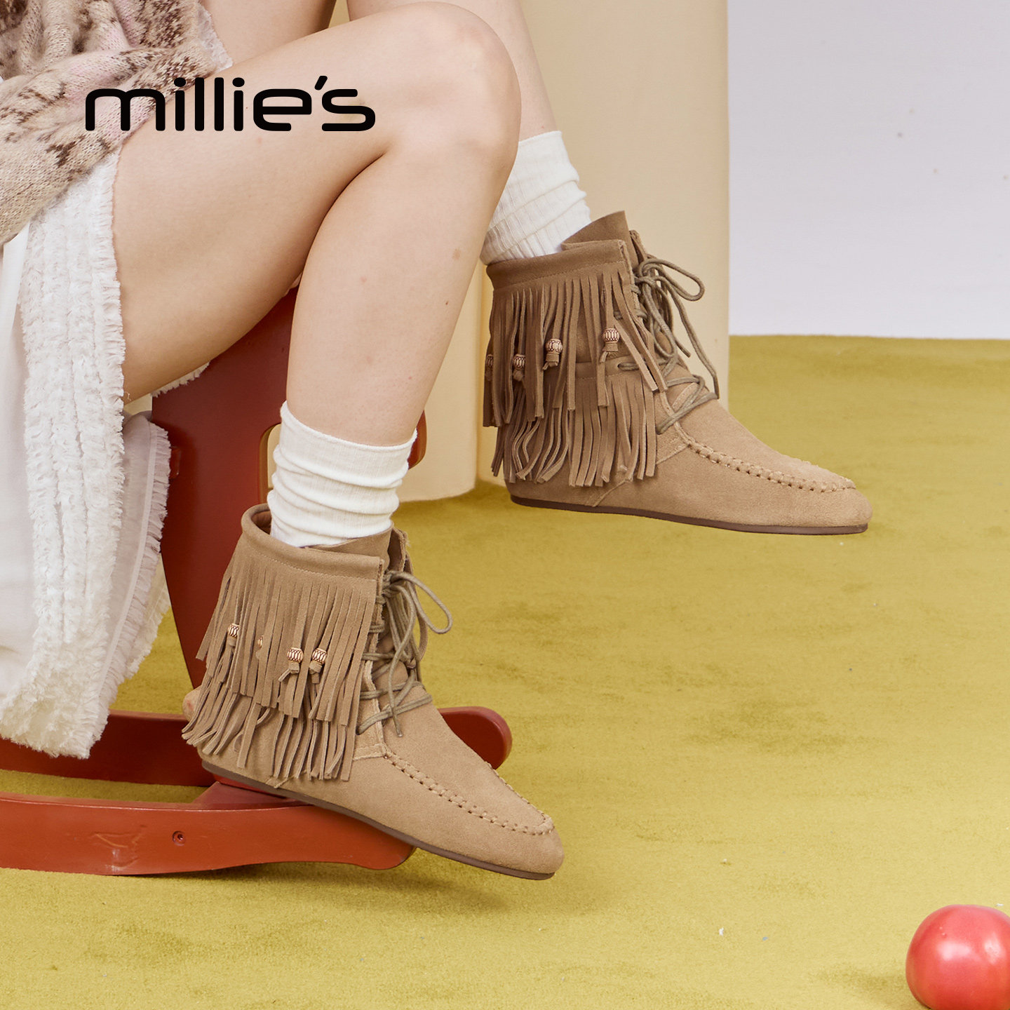 MILLIE'S/妙丽流苏绑带马丁靴女秋冬新款加棉短靴百搭复古靴子