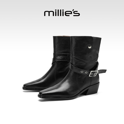 MILLIE S/妙丽方头中跟短靴女冬季复古皮带扣套筒英伦显瘦西部靴