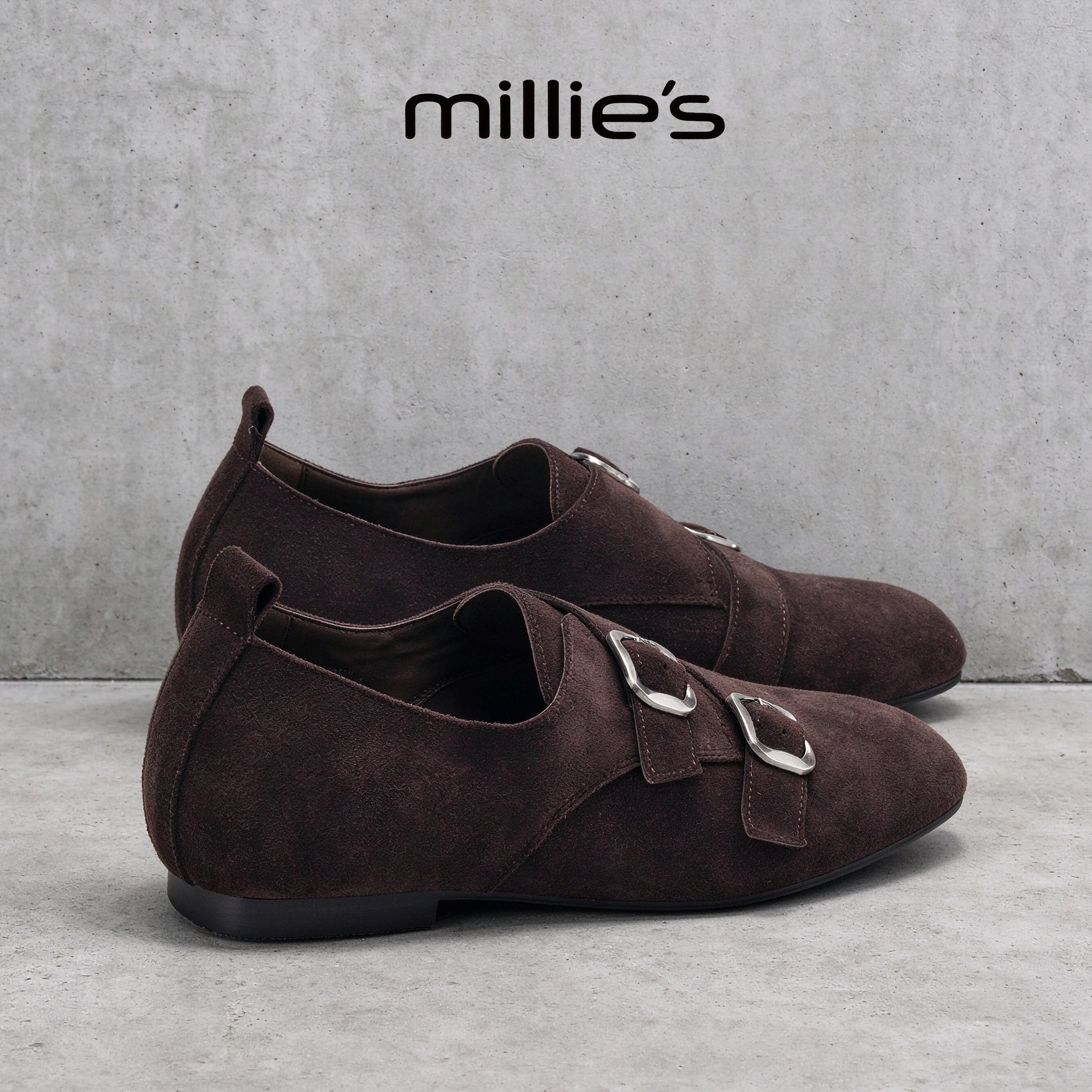 MILLIE'S/妙丽官方旗舰店反绒皮双扣带勃肯鞋女平底棕色休闲单鞋C