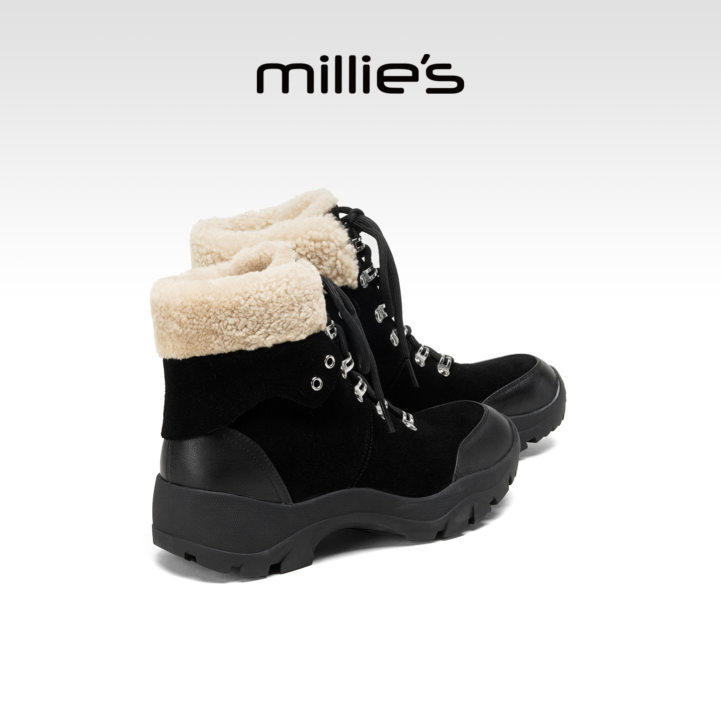 MILLIE'S/妙丽毛绒雪地靴女加绒保暖户外短靴冬季系带厚底靴子