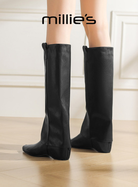 MILLIE'S/妙丽黑色长筒靴女2025新款冬季骑士靴裤管靴高筒长靴子