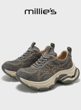 MILLIE'S/妙丽真皮老爹鞋女2025新款冬季厚底灰色增高运动休闲鞋