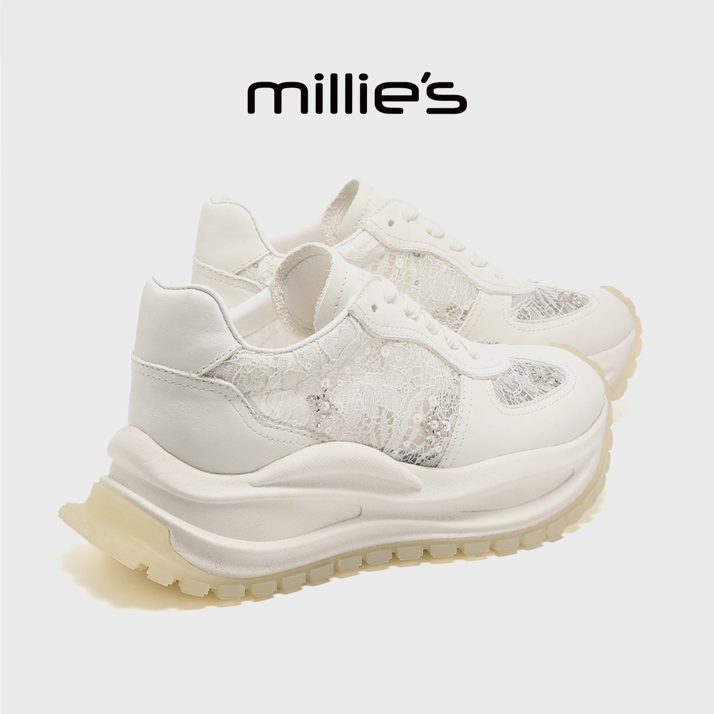 MILLIE'S/妙丽白色厚底老爹鞋女夏季网面透气增高百搭运动休闲鞋