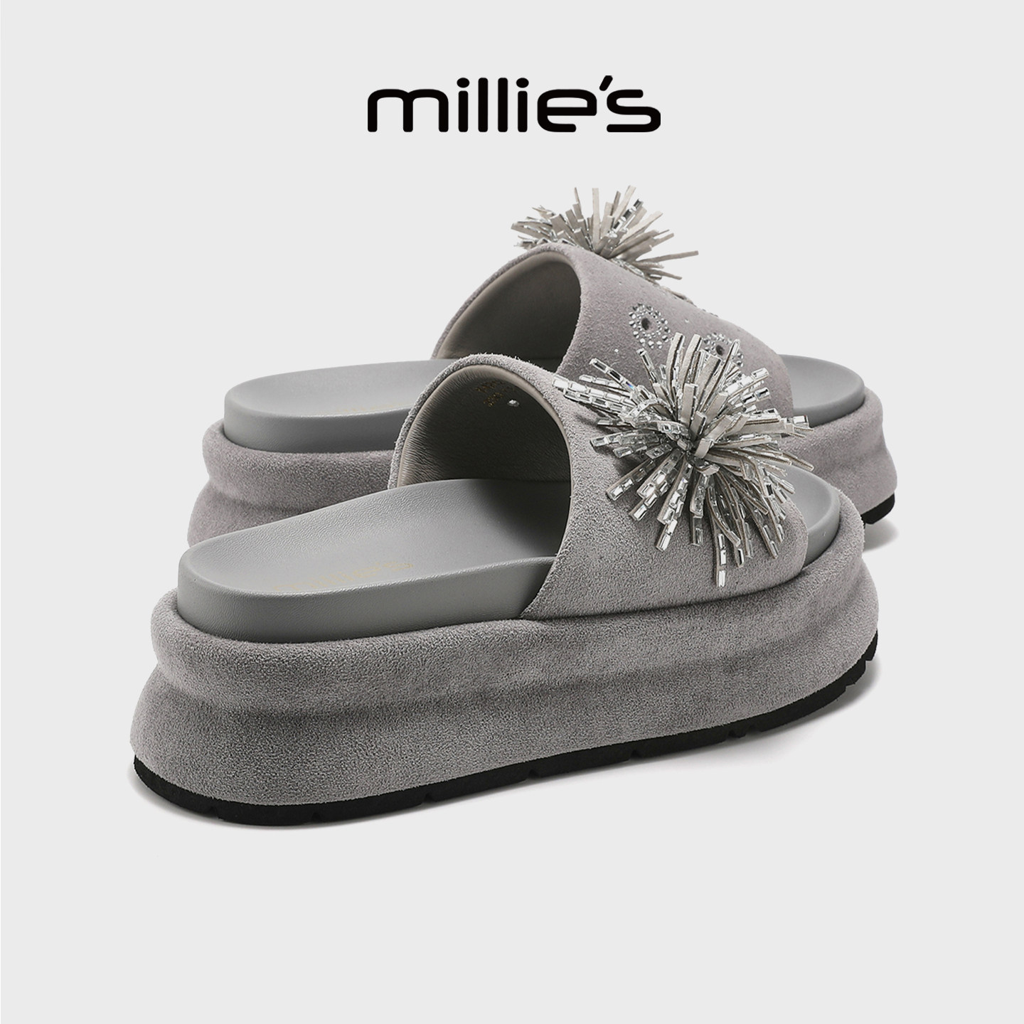 MILLIE'S/妙丽水钻烟花厚底一字拖鞋女夏外穿小个子增高百搭凉鞋