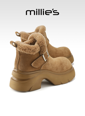 MILLIE'S/妙丽厚底增高雪地靴女加绒勃肯靴2025冬季新款毛毛棉鞋