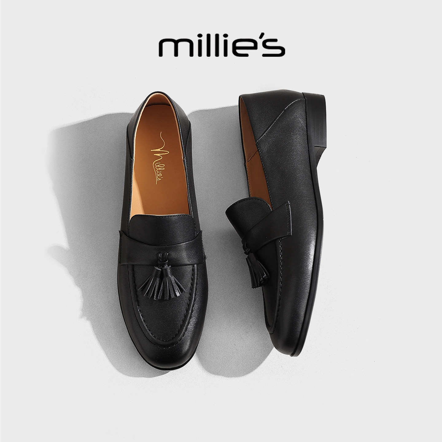 MILLIE'S/妙丽老钱风真皮乐福鞋女鞋英伦黑色流苏一脚蹬平底单鞋