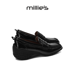 MILLIE'S/妙丽英伦复古风黑色漆皮乐福鞋女秋季新款平底通勤单鞋Z