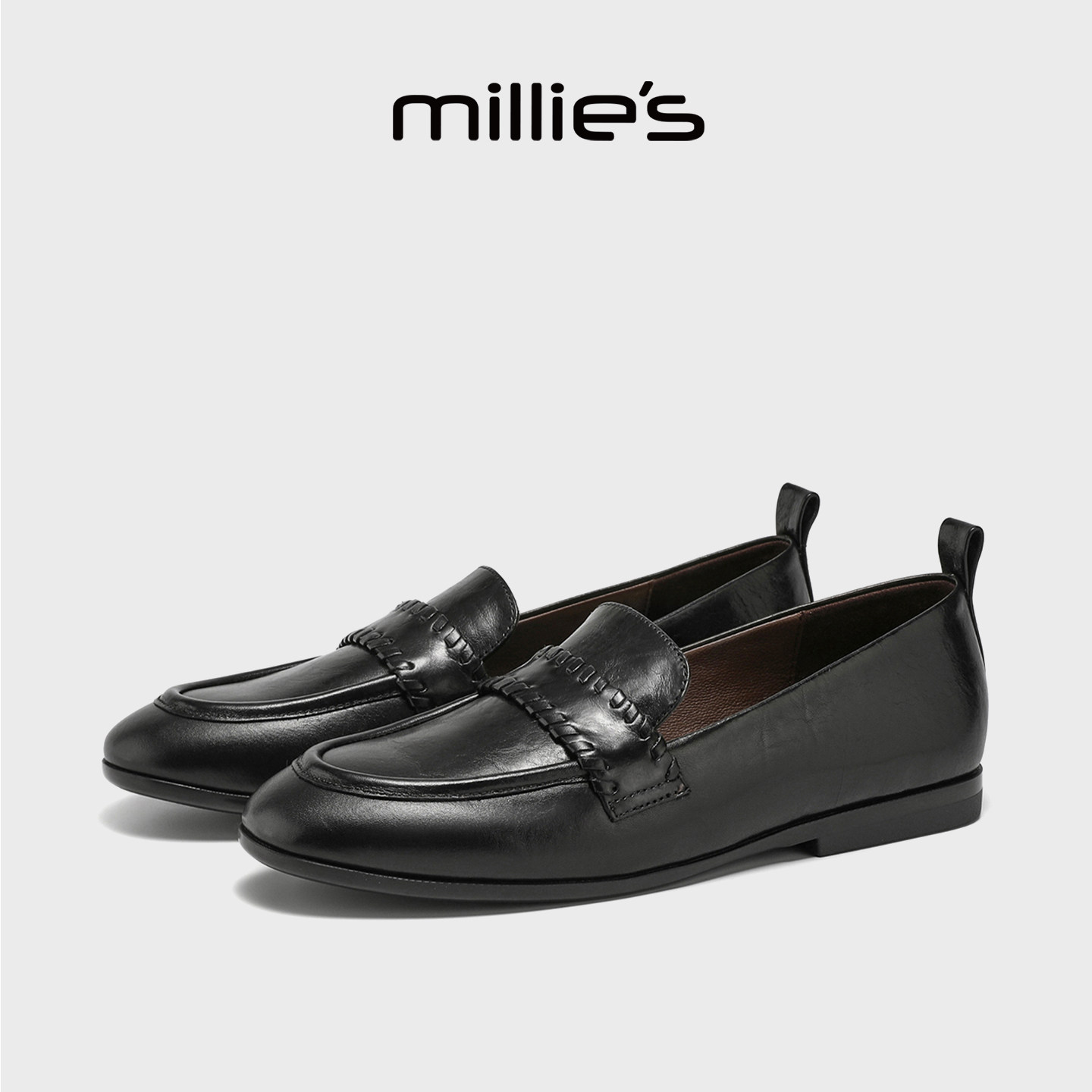 MILLIE'S/妙丽真皮平底乐福鞋女春季黑色一脚蹬通勤复古风豆豆鞋,女鞋,乐福鞋（豆豆鞋）,淘宝优惠券,粉丝福利购,淘宝优惠卷
