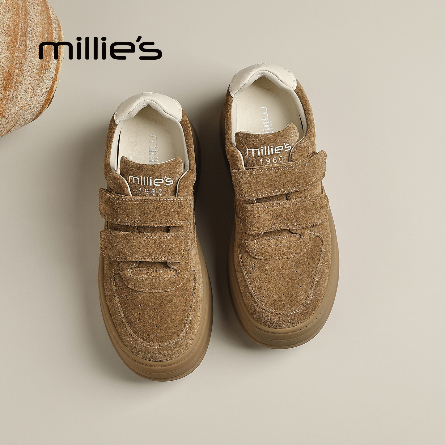 MILLIE'S/妙丽女鞋新款厚底圆头魔术贴运动板鞋小个子增高休闲鞋