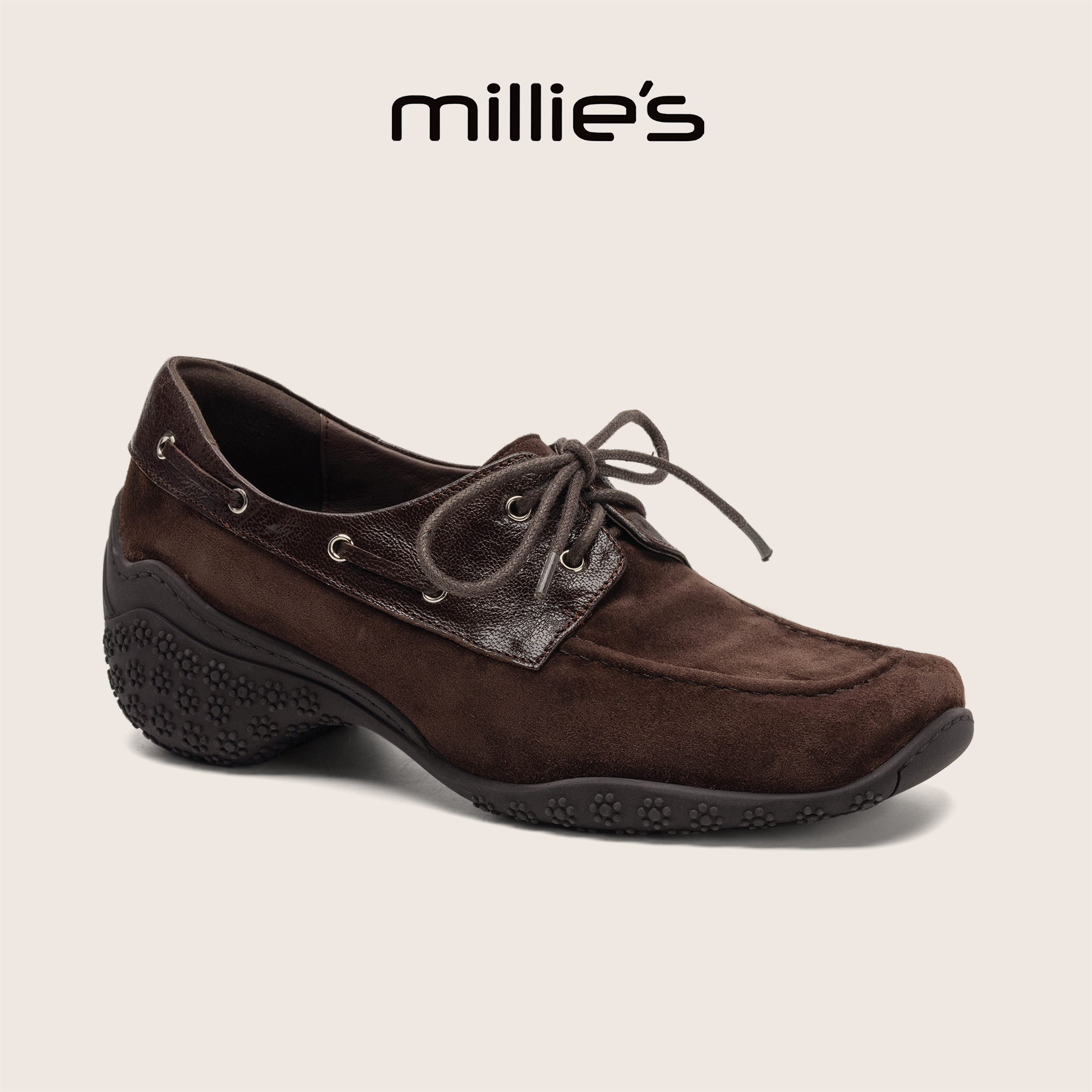 MILLIE'S/妙丽官方旗舰店秋季反绒皮棕色拼接系带休闲鞋方头女鞋C
