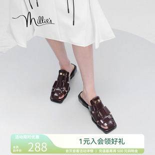 妙丽摇滚风拖鞋 女A1151BH4 2025夏时尚 编织铆钉方头一字拖猪笼凉鞋