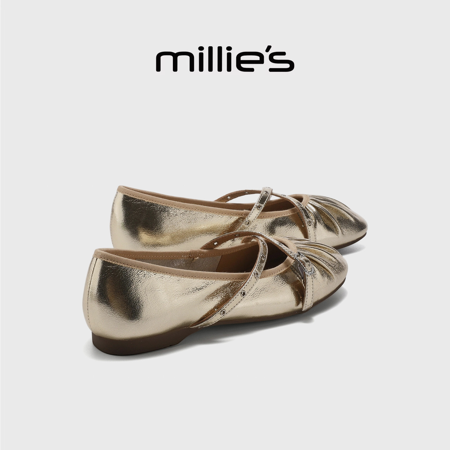 MILLIE'S/妙丽甜美风芭蕾鞋女真皮浅口单鞋金色交叉绑带平底鞋