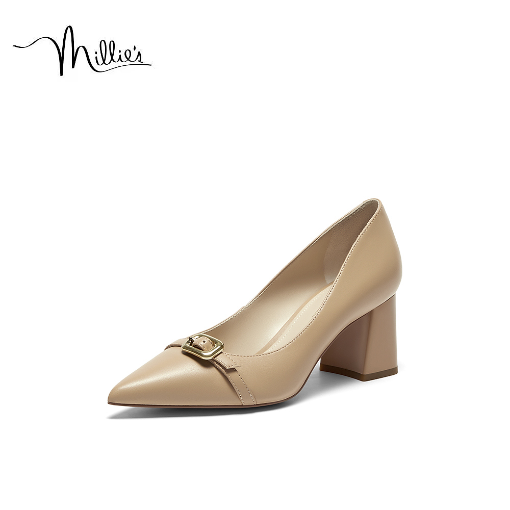 MILLIE'S/妙丽2025秋季新款女鞋气质高跟鞋时尚尖头金属扣高粗跟