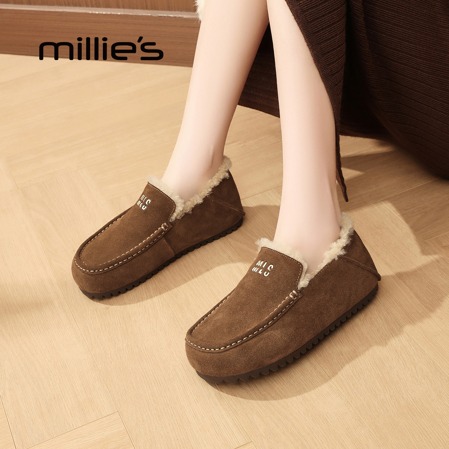 MILLIE'S/妙丽平底毛毛鞋女2025新款冬季保暖勃肯鞋加绒乐福鞋子