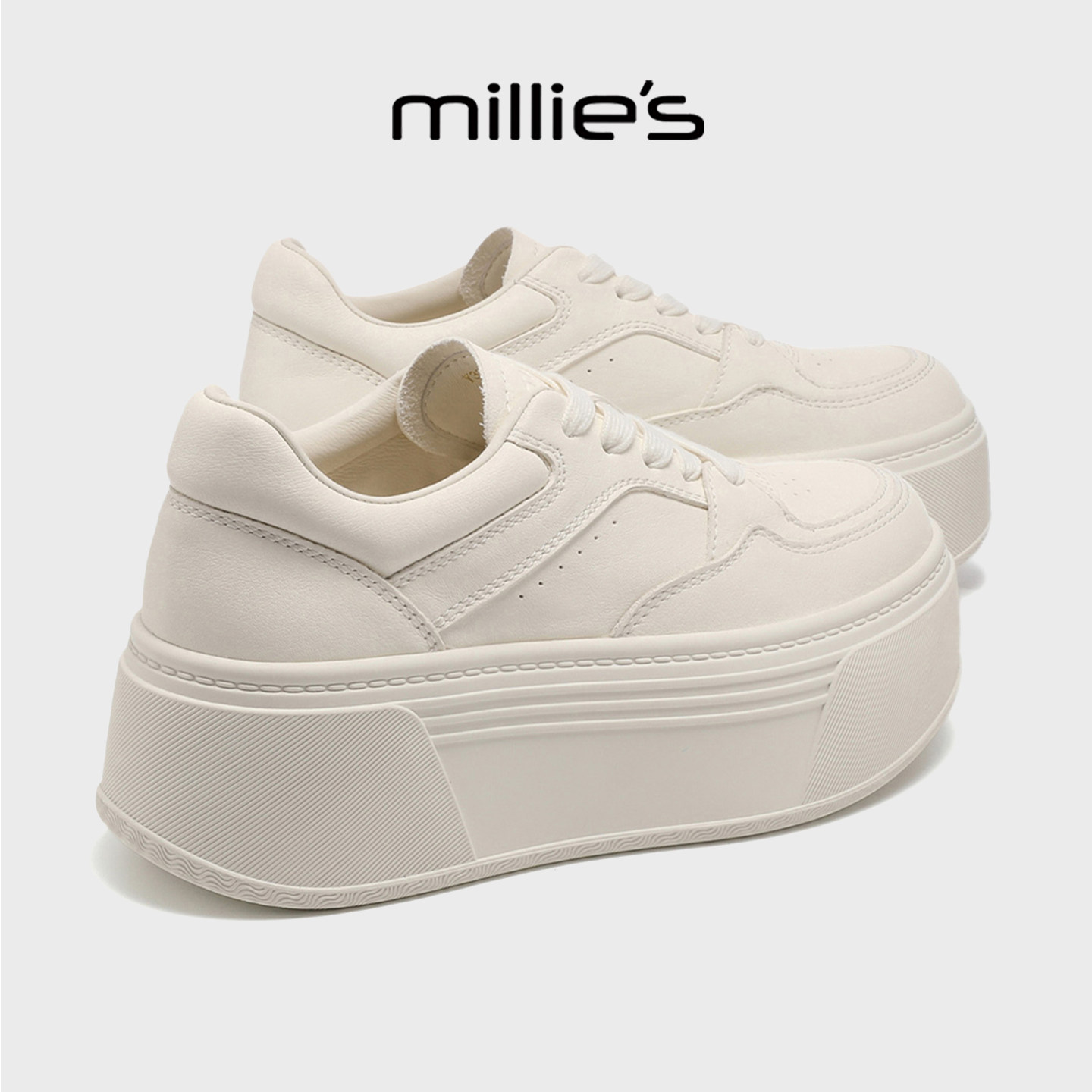 MILLIE'S/妙丽厚底小白鞋女款秋季百搭休闲板鞋小个子增高松糕鞋