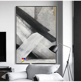 现代轻奢纯手绘大幅黑白装 饰画搭配入户玄关竖幅挂画 饰画高级灰装