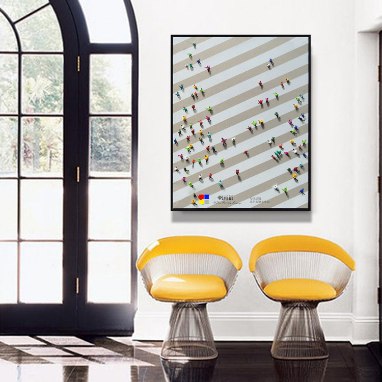 简约个性时尚原创立体人物斑马线奔跑油画北欧小清新客厅两联挂画