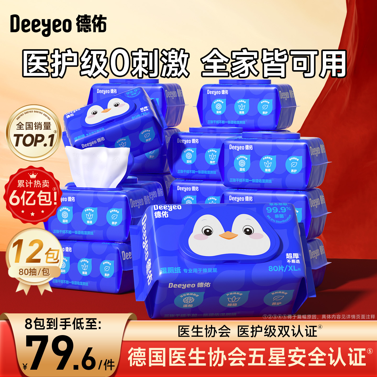德佑第3代医护级湿厕纸80抽12包
