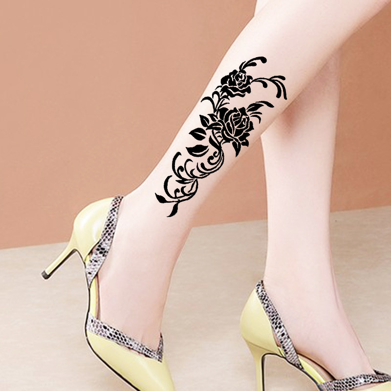小腿玫瑰花纹身贴女镂空模板海娜膏纹身果汁纹绣通用加厚可重复用