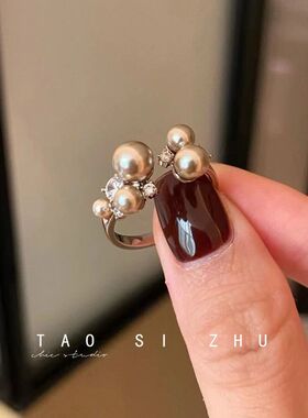 星云珍珠锆石开口戒指少女轻奢高级感食指戒ins小众设计个性指环
